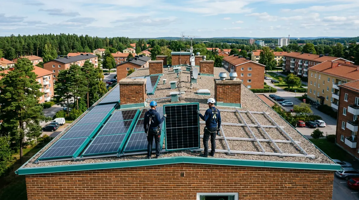 Två montörer installerar solpaneler på taket till ett flerbostadshus i tegel